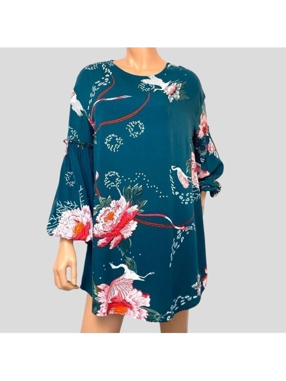 Jaase Mini Asian Inspired Floral Teal Pink HighLow Tunic Dress M Boho Wanderlast